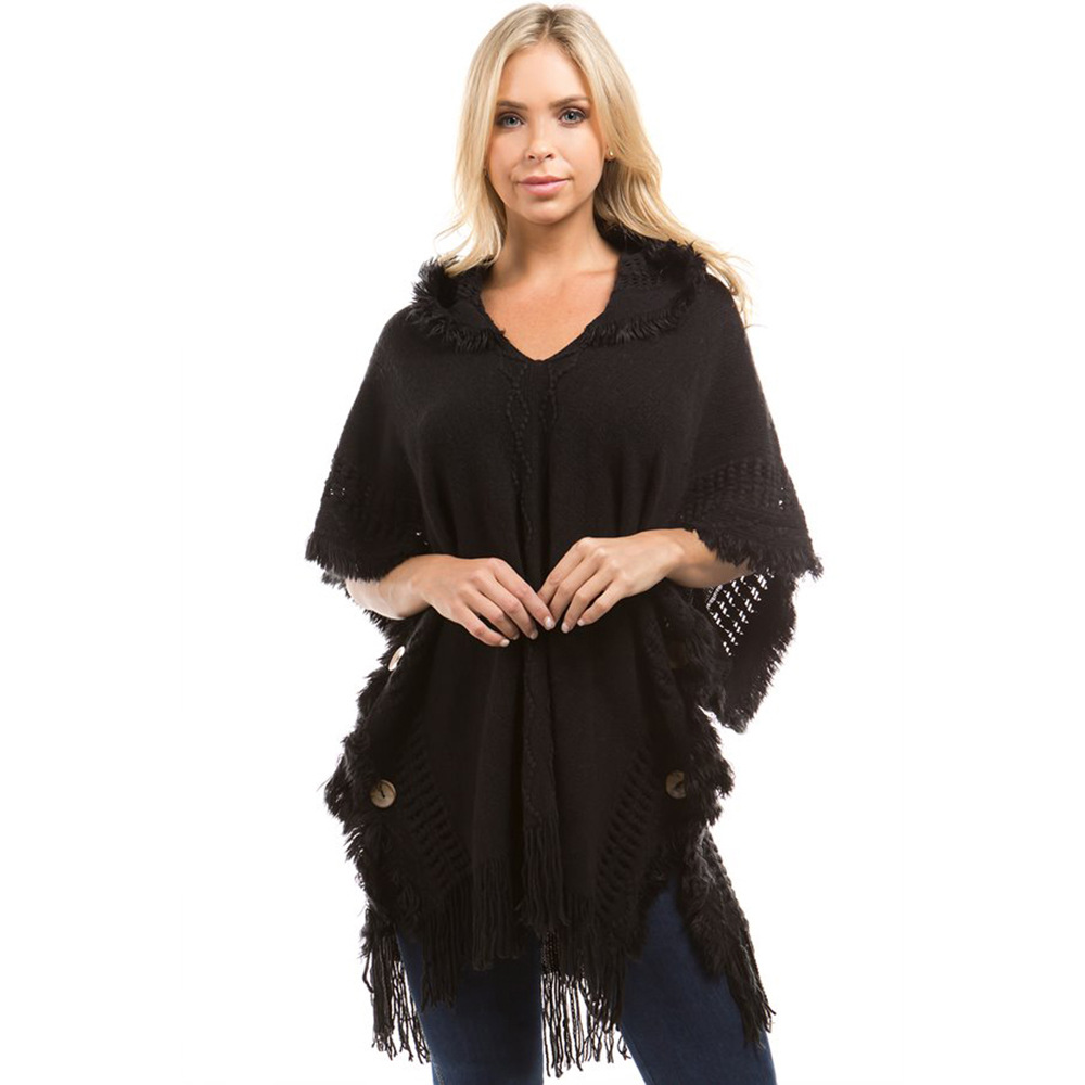 SZ60179-3 Ladies Women Knitting Crochet Black Hooded Short Sleeve Sweaters Shawl